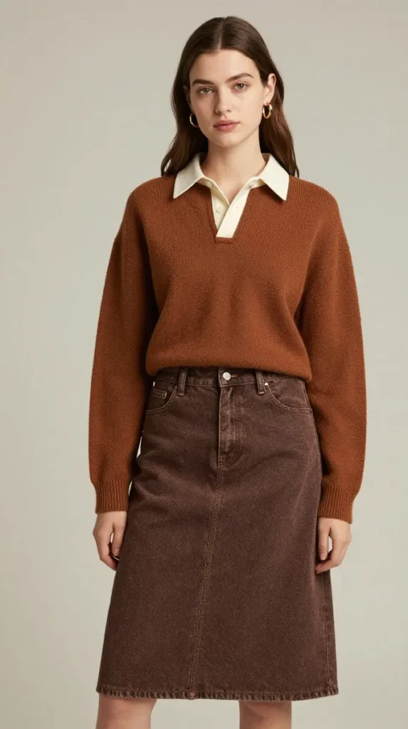 Amber Rugby Sweater with Chestnut A-Line Denim Skirt