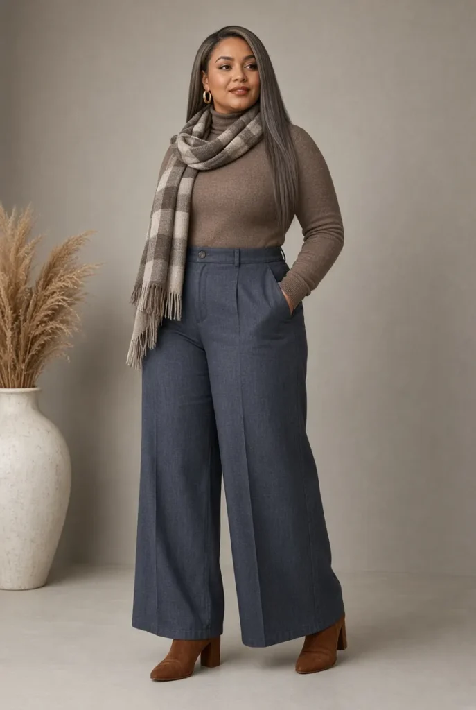 Ash Brown Merino Turtleneck + Slate Palazzo Jeans