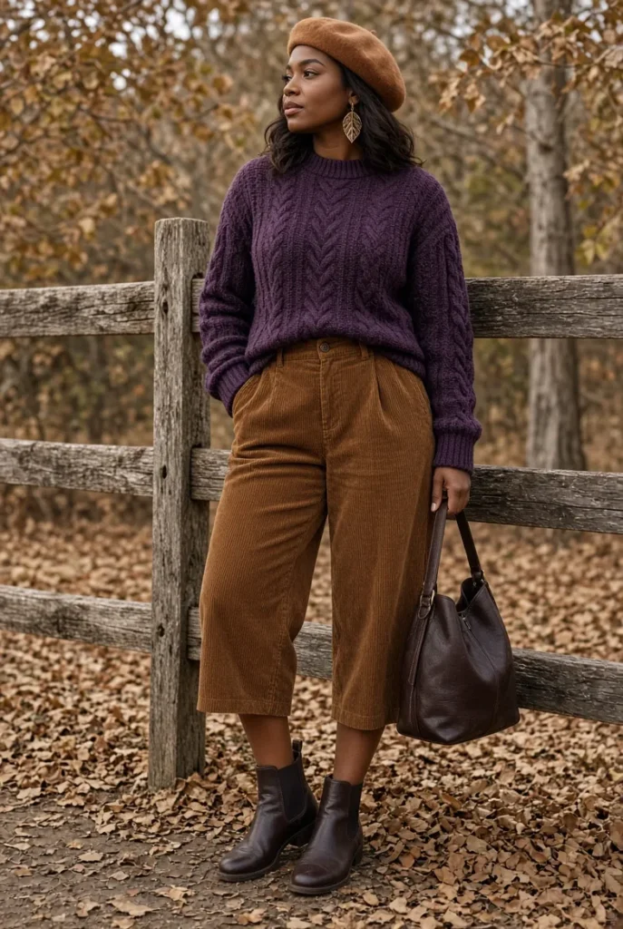 Aubergine Cable Knit with Tobacco Corduroy Culottes