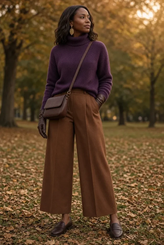 Aubergine Funnel-Neck Sweater with Chestnut Twill Culottes