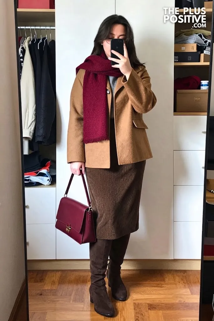 Berry Knit Jacket with Walnut Corduroy Midi Skirt