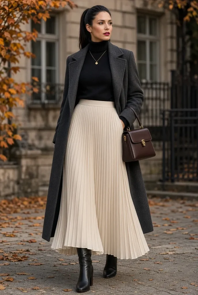 Black Cashmere Turtleneck with Ivory Pleated Maxi Skirt