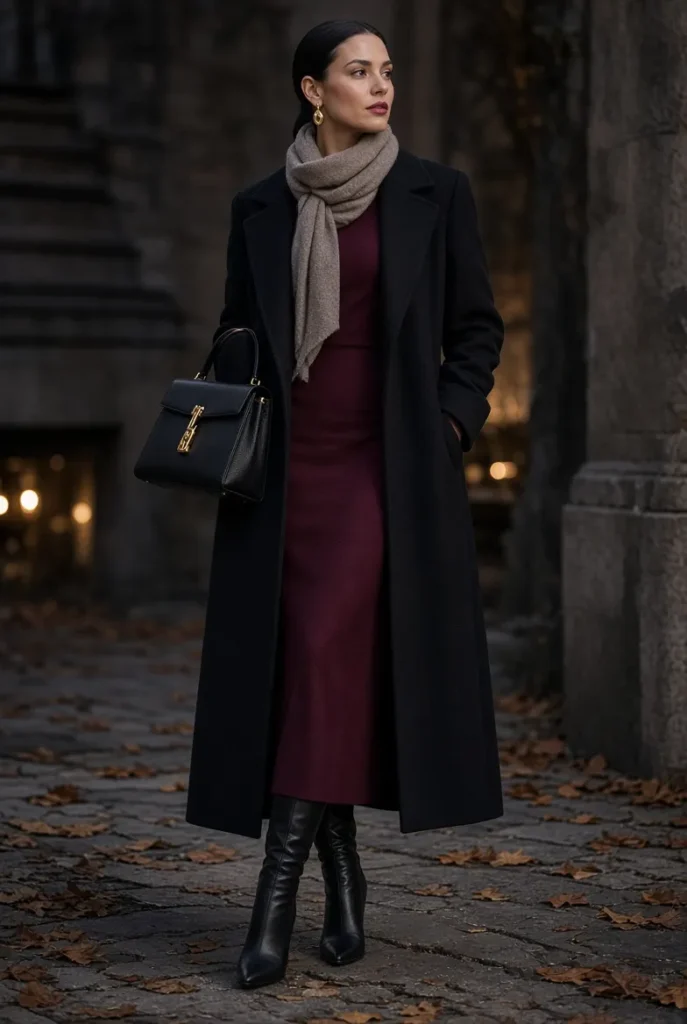 Black Wool Maxi Coat with Merlot Column Dress
