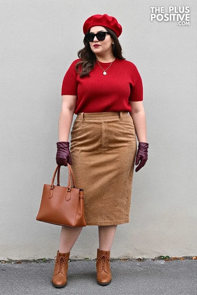 Brick Red Knit Tee with A-Line Corduroy Skirt