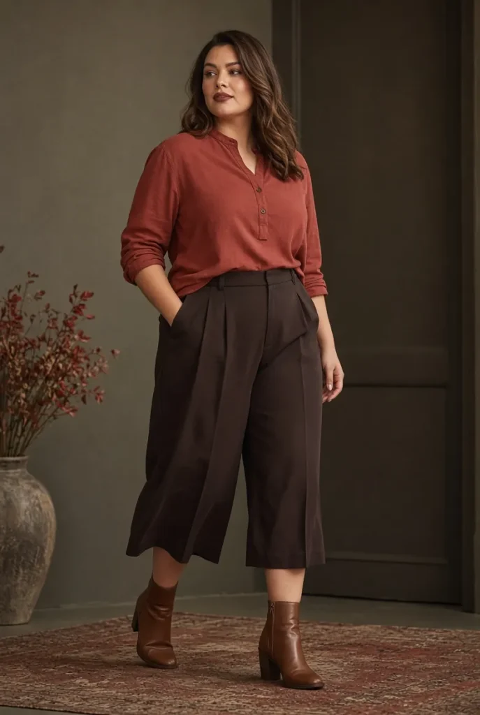 Brick Red Popover Shirt + Espresso Tailored Culottes