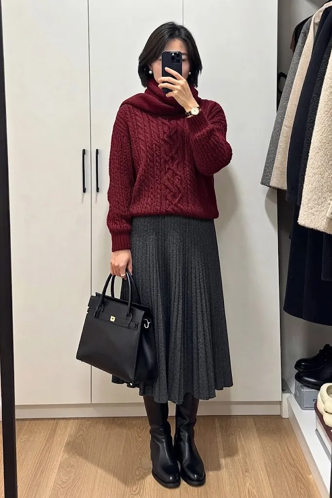Burgundy Cable Knit with Charcoal Pleated Midi Skirt