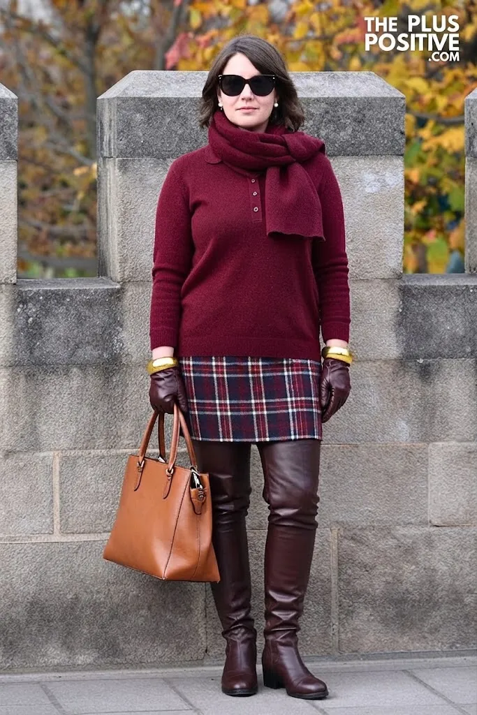 Burgundy Cashmere Polo with Glen Plaid Midi Skirt