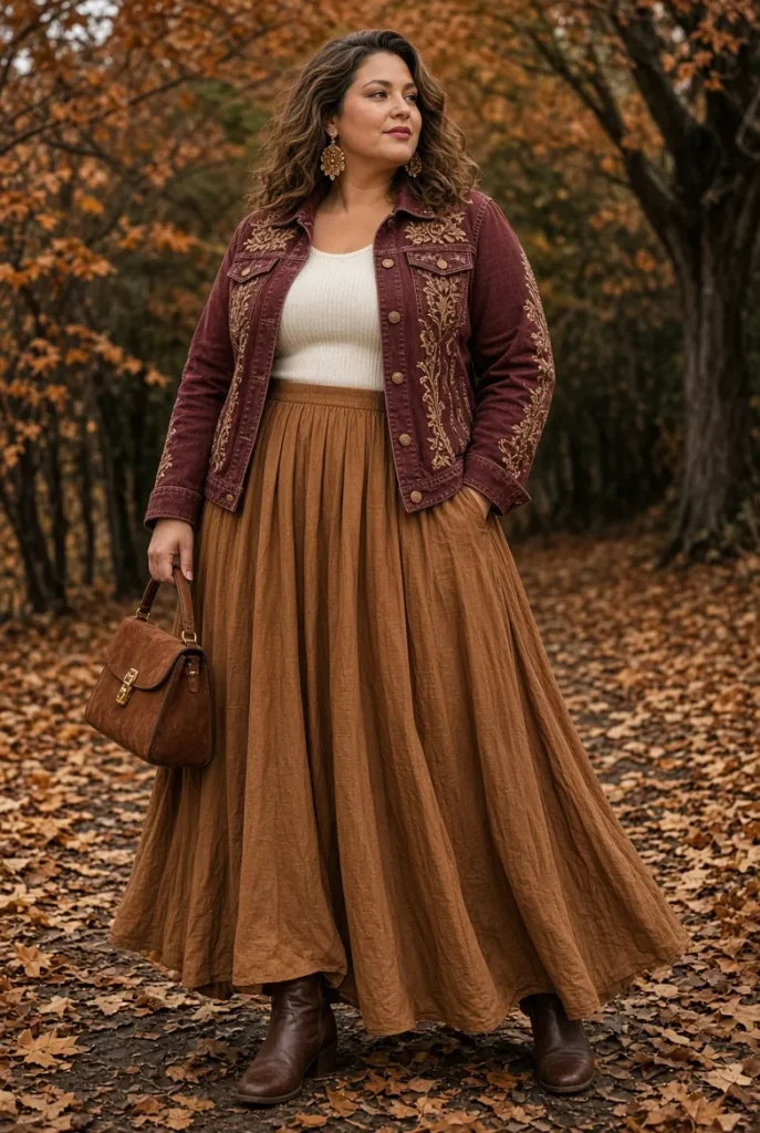 Burgundy Embroidered Denim Jacket with Caramel Maxi Skirt