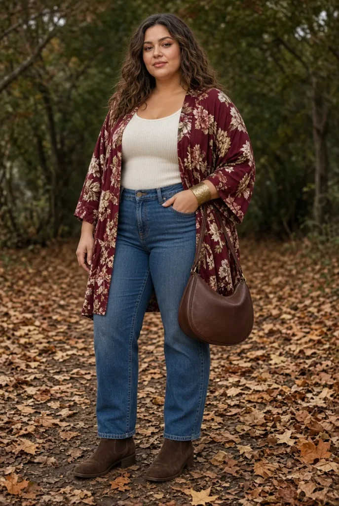 Burgundy Floral Kimono with Straight-Leg Jeans and Knit Tank