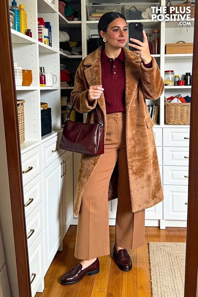 Burgundy Knit Polo With Warm Taupe Wide-Leg Trousers