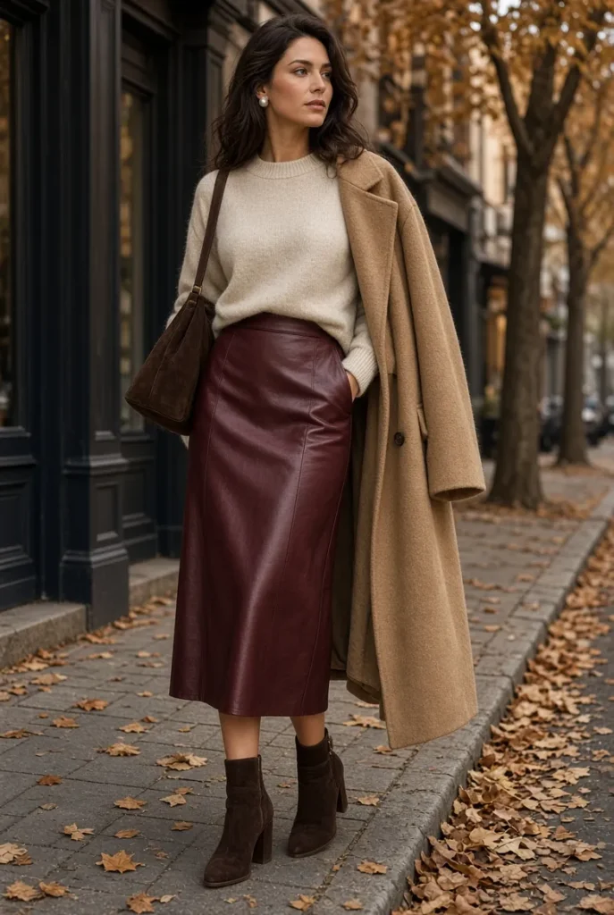 Burgundy Leather Midi Skirt with Soft Oatmeal Sweater