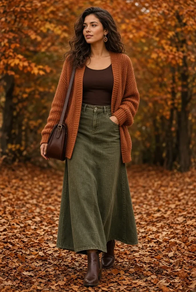 Burnished Copper Cardigan with Olive Denim Maxi Skirt