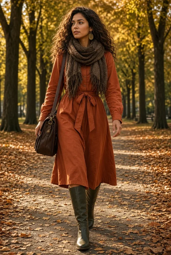 Burnt Cinnamon Shirt Dress with Dark Olive Riding Boots
