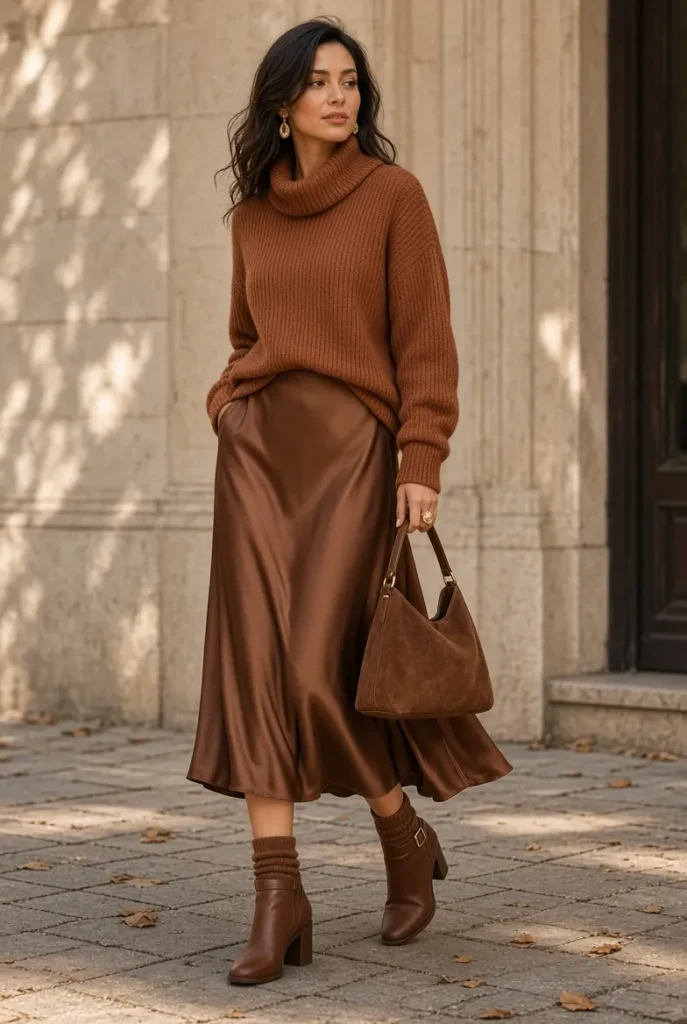 Burnt Clay Funnel Neck Sweater with Cocoa Bias Skirt