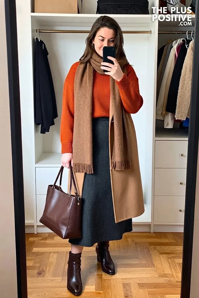 Burnt Orange Fine Knit Sweater with Charcoal Pinstripe Maxi Skirt