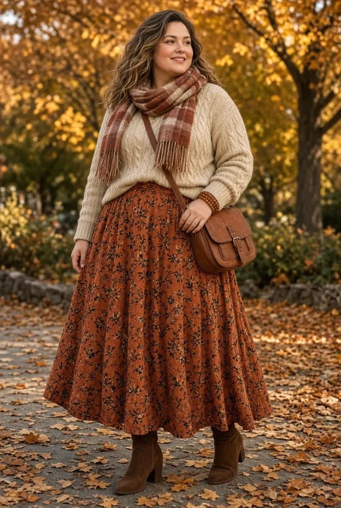 Burnt Orange Prairie Skirt with Oatmeal Cable Knit Sweater