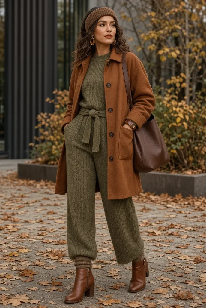Burnt Umber Chore Coat with Olive Knit Jumpsuit