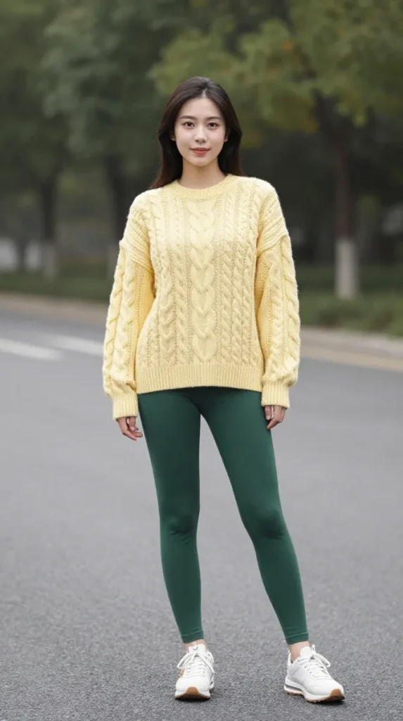Butter Yellow Cable Sweater with Forest Green Leggings