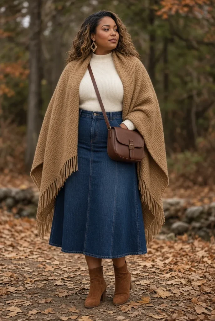 Camel Blanket Cape with Indigo Denim Midi Skirt