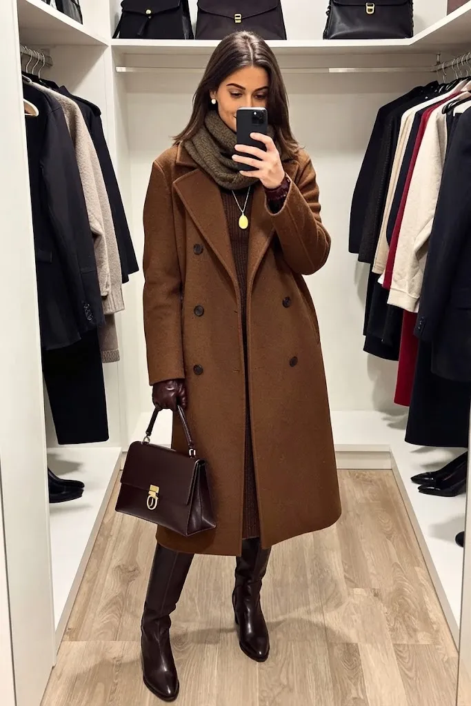 Camel Double-Breasted Coat with Chocolate Midi Dress