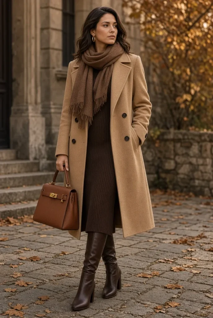 Camel Double-Breasted Coat with Espresso Knit Dress