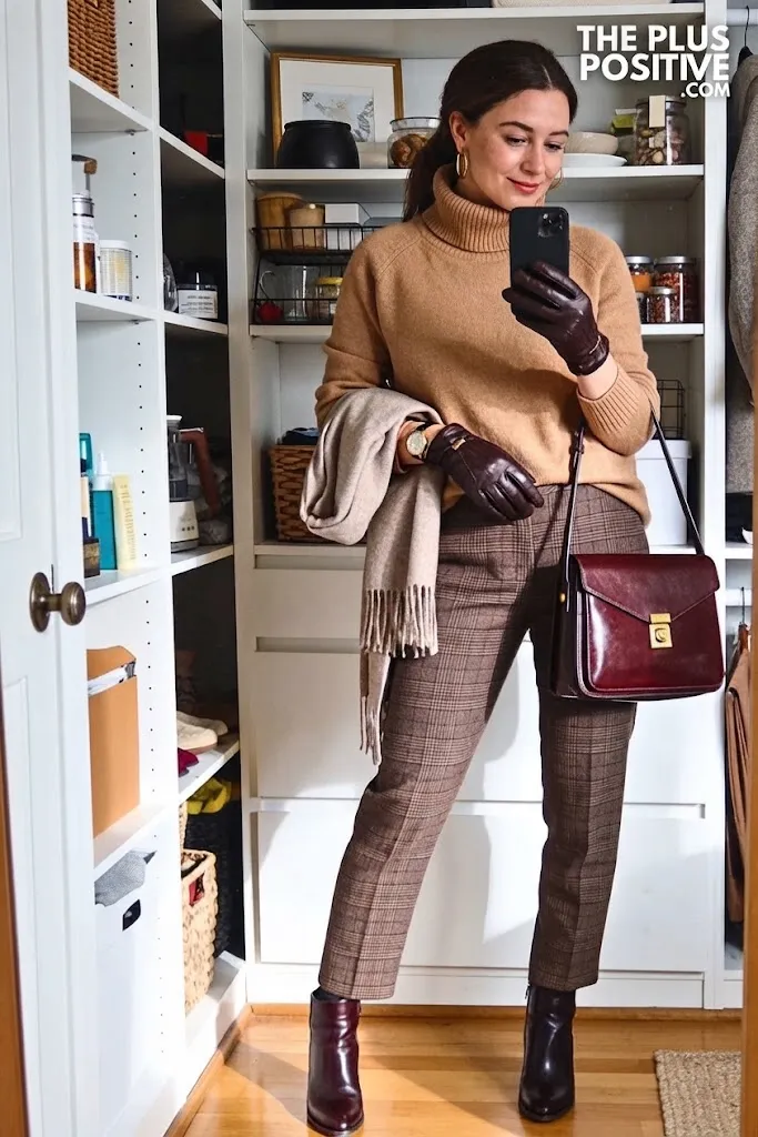 Camel Funnel-Neck Sweater with Windowpane Trousers