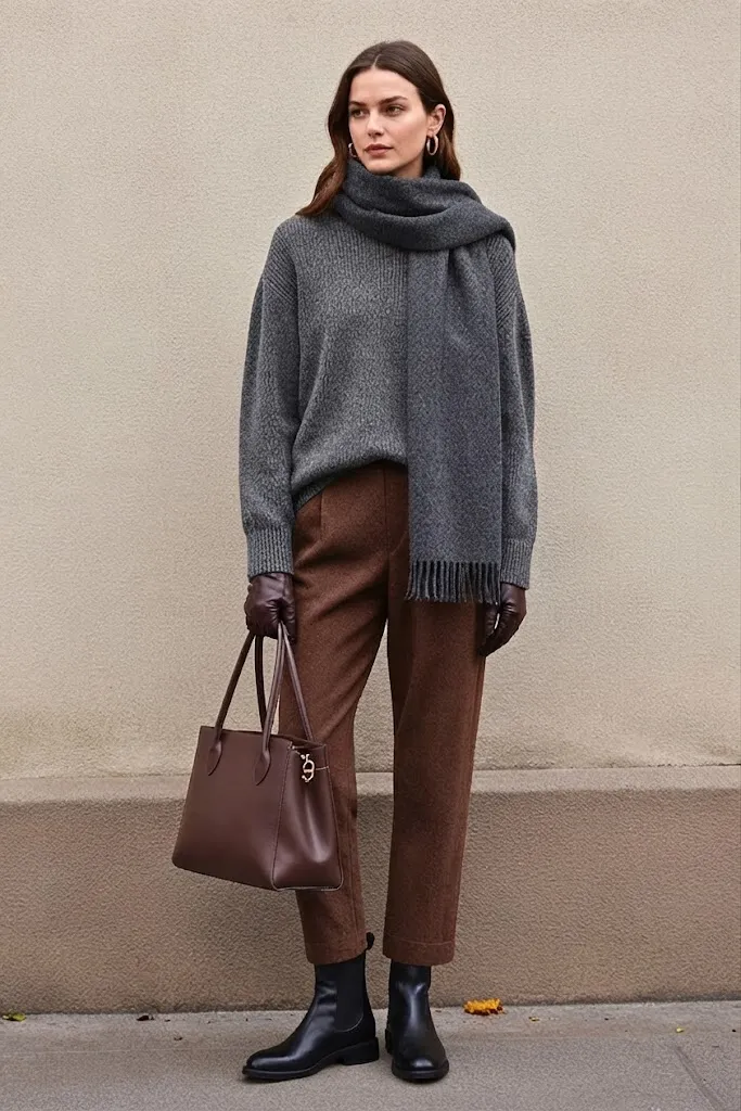 Charcoal Cashmere Sweater with Walnut Pintuck Trousers