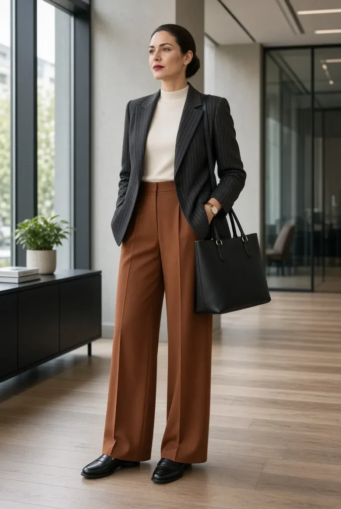 Charcoal Pinstripe Blazer with Cinnamon Wide-Leg Trousers