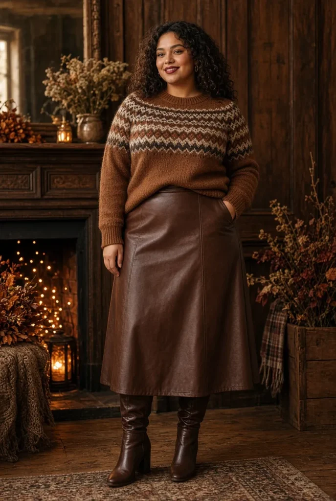 Chestnut Fair Isle Sweater + Deep Cocoa Faux Leather Skirt