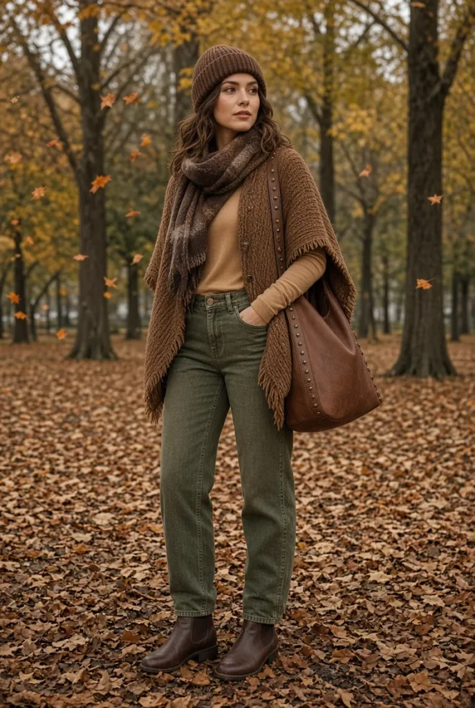 Chestnut Knit Cape with Olive Straight-Leg Jeans