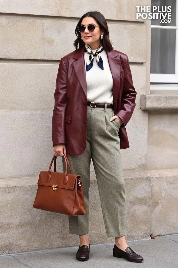 Chestnut Leather Blazer with Sage Wool Barrel Trousers