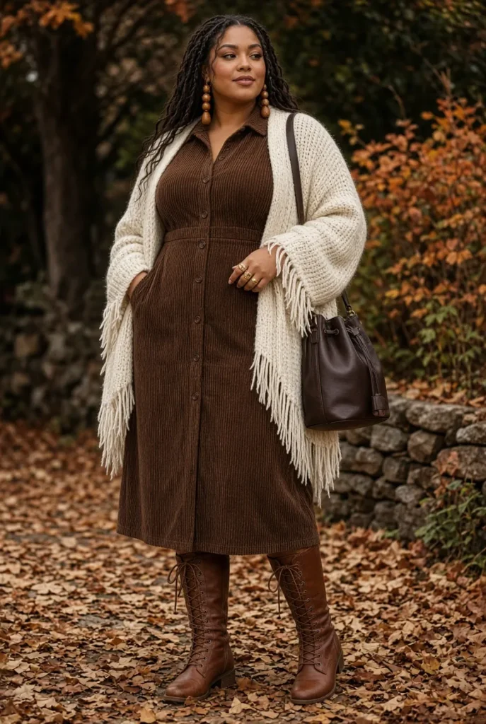 Chocolate Corduroy Midi Dress with Fringed Knit Cardigan
