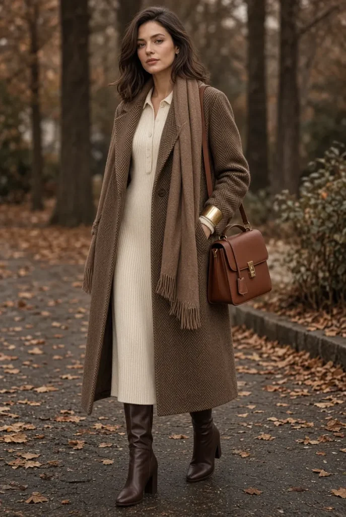 Chocolate Herringbone Coat with Cream Knit Polo Dress