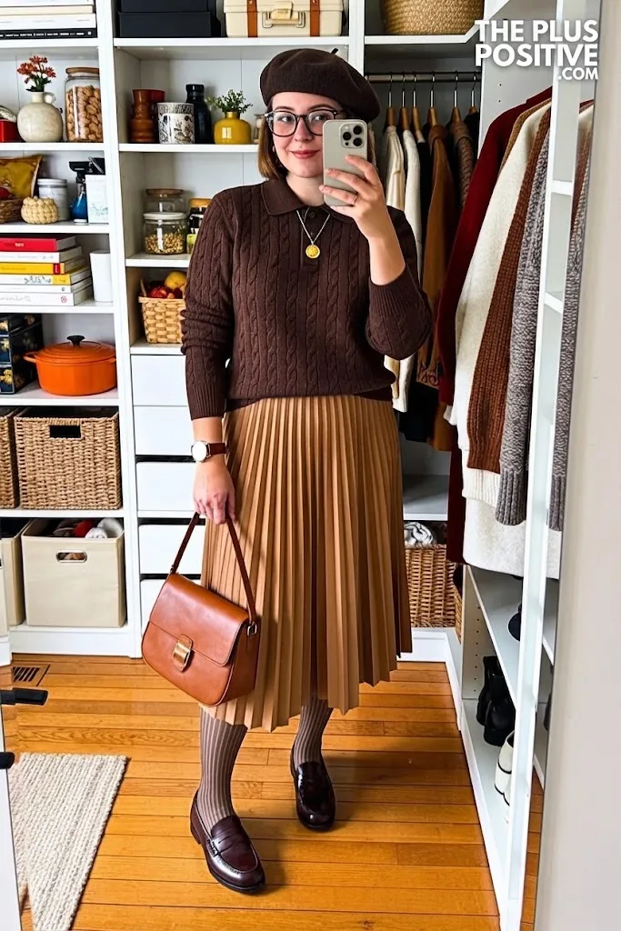 Chocolate Knit Polo with Pleated Midi Skirt