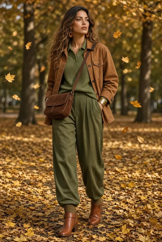 Cinnamon Barn Jacket with Olive Barrel Trousers