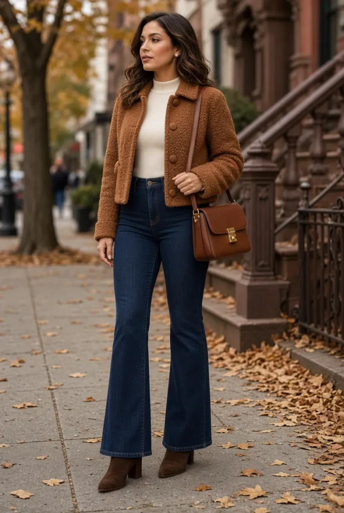 Cinnamon Bouclé Jacket with Dark Indigo Flared Jeans