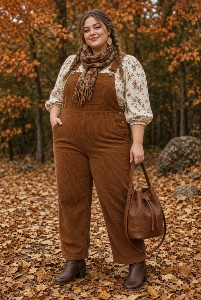 Cinnamon Corduroy Overalls with Floral Puff Sleeve Blouse
