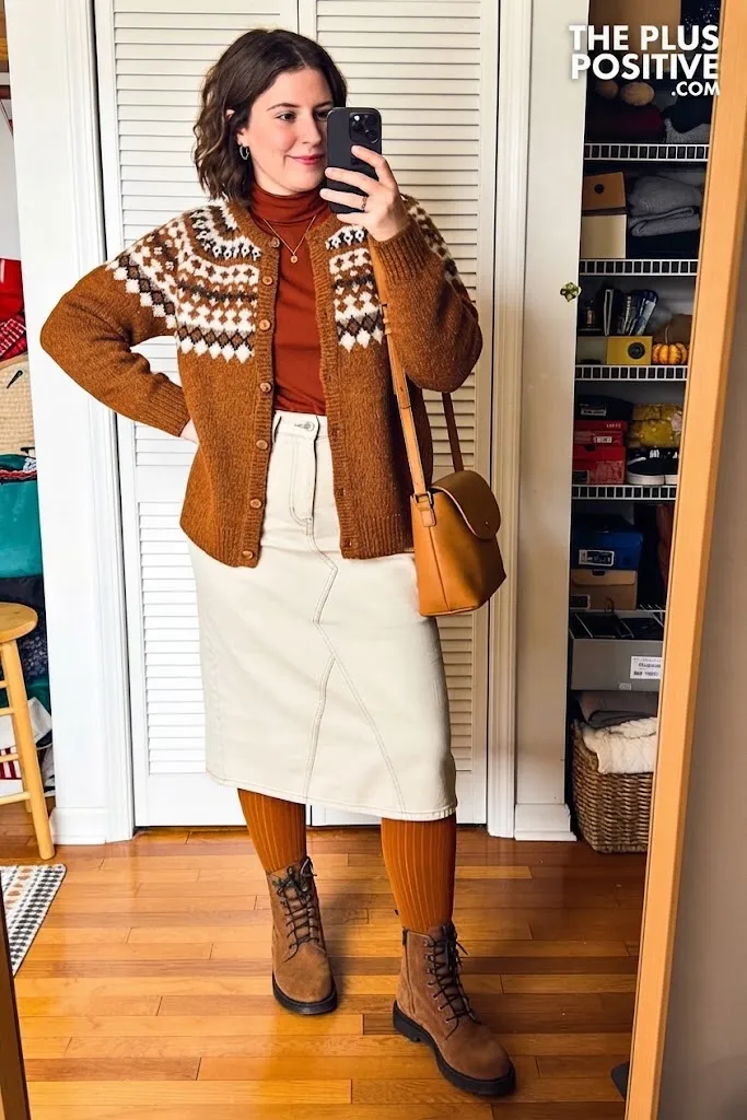 Cinnamon Fair Isle Cardigan With Ivory Denim Midi Skirt