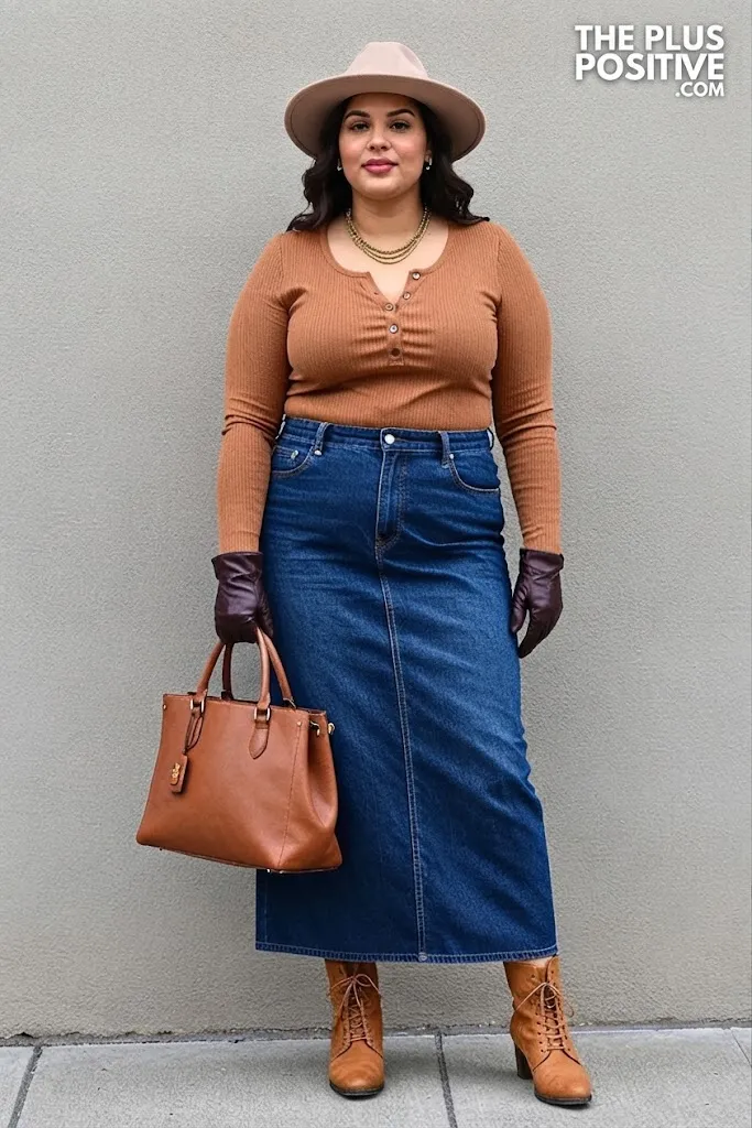 Cinnamon Henley with Dark Denim Maxi Skirt