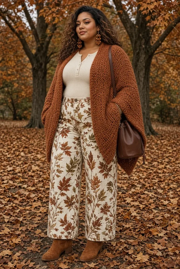 Cinnamon Knit Poncho with Printed Palazzo Jeans