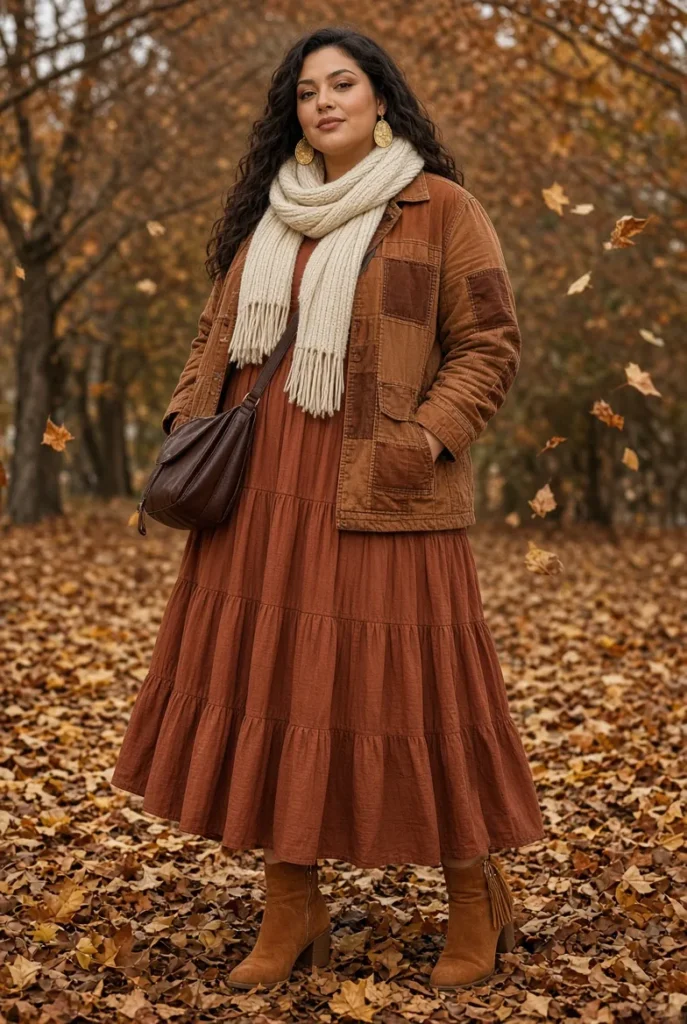 Cinnamon Patchwork Jacket with Rust Maxi Dress and Suede Ankle Boots