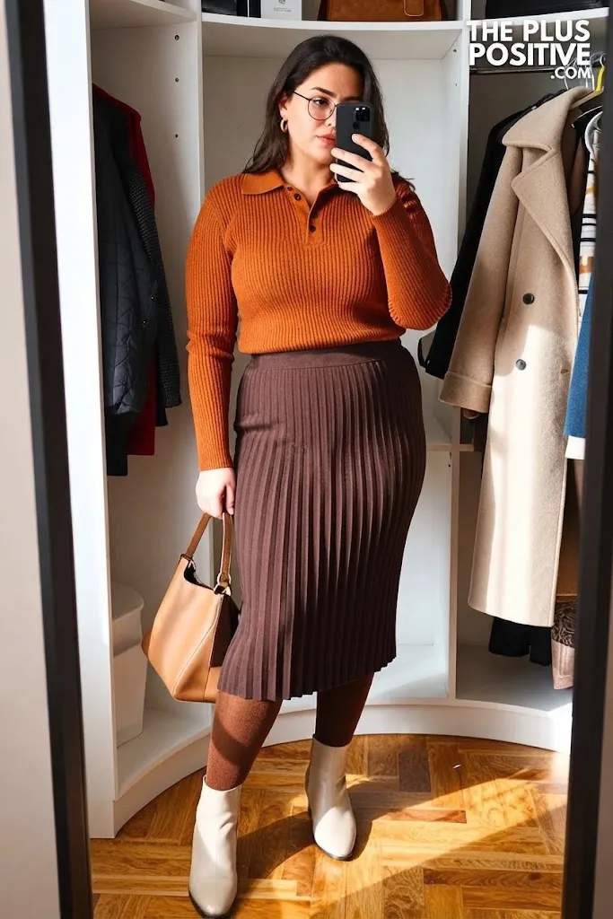 Cinnamon Ribbed Knit Polo with Chocolate Pleated Midi Skirt