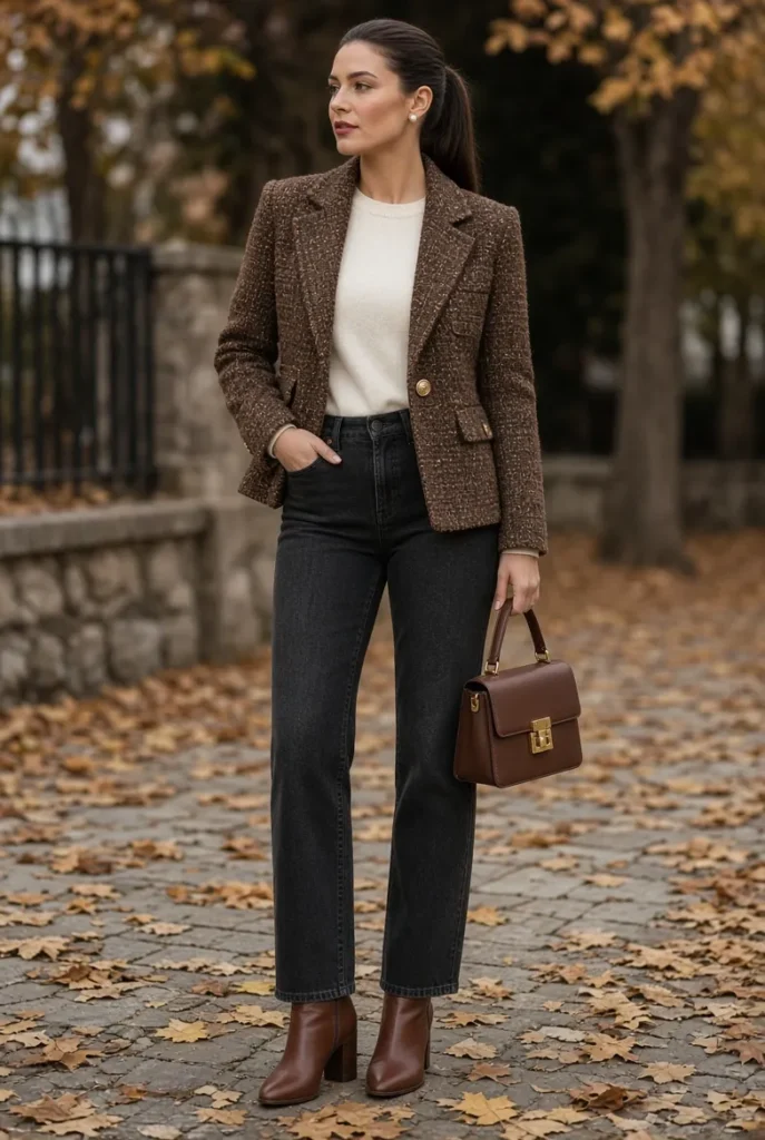Cocoa Tweed Jacket with Black Straight-Leg Jeans