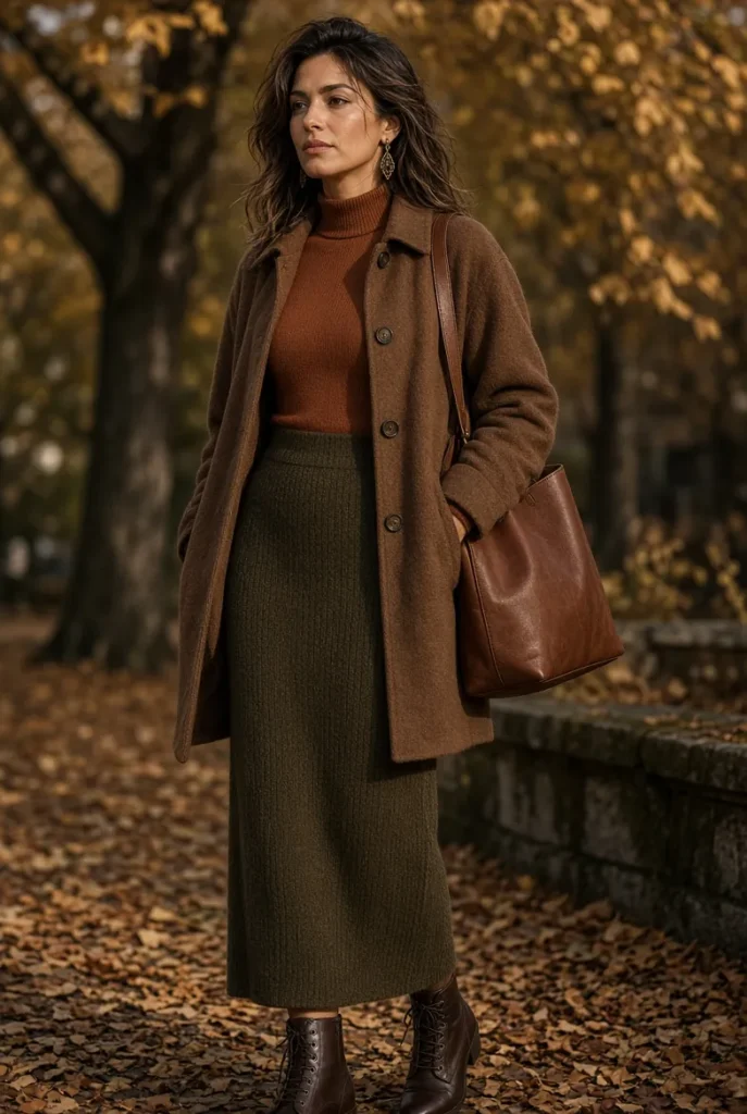 Cocoa Wool Overshirt with Dark Moss Knit Column Skirt