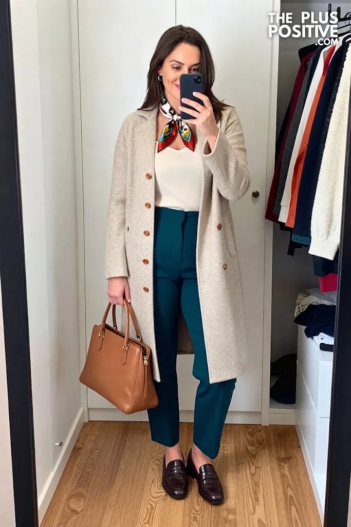 Copper Buttoned Cardigan with Deep Teal Tailored Trousers
