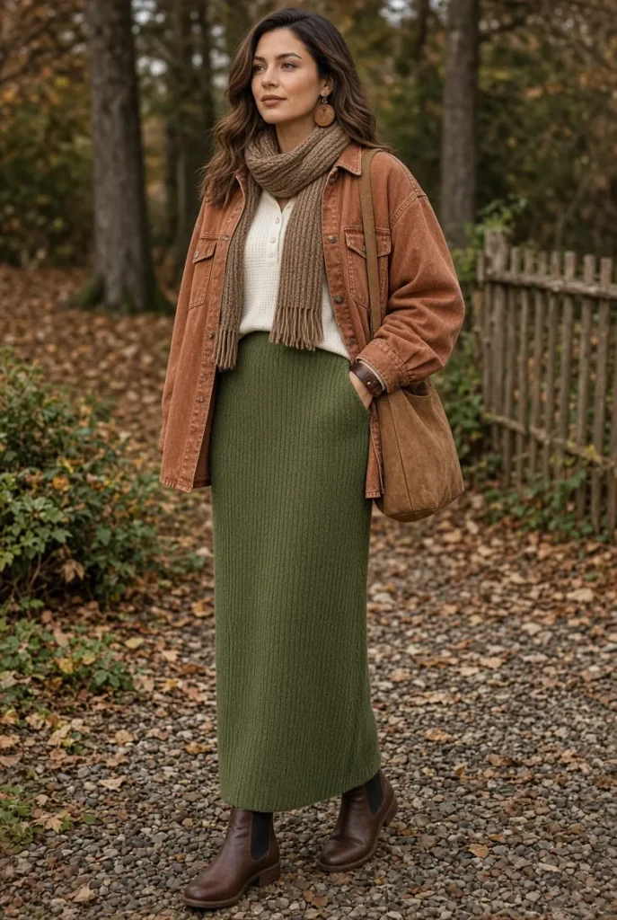 Copper Denim Shacket with Moss Knit Column Skirt