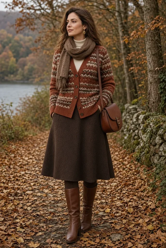 Copper Fair Isle Cardigan with Espresso A-Line Skirt