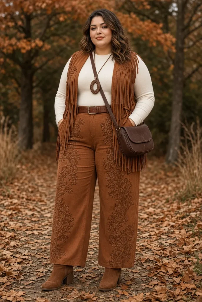 Copper Fringe Suede Vest with Printed Wide-Leg Trousers