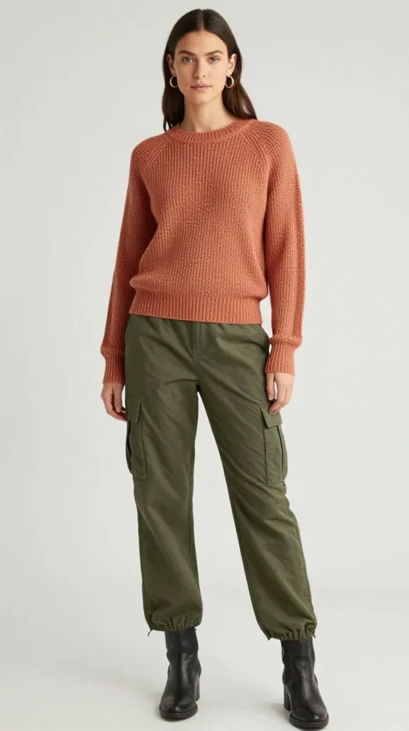 Copper Henley Sweater with Forest Cargo Trousers
