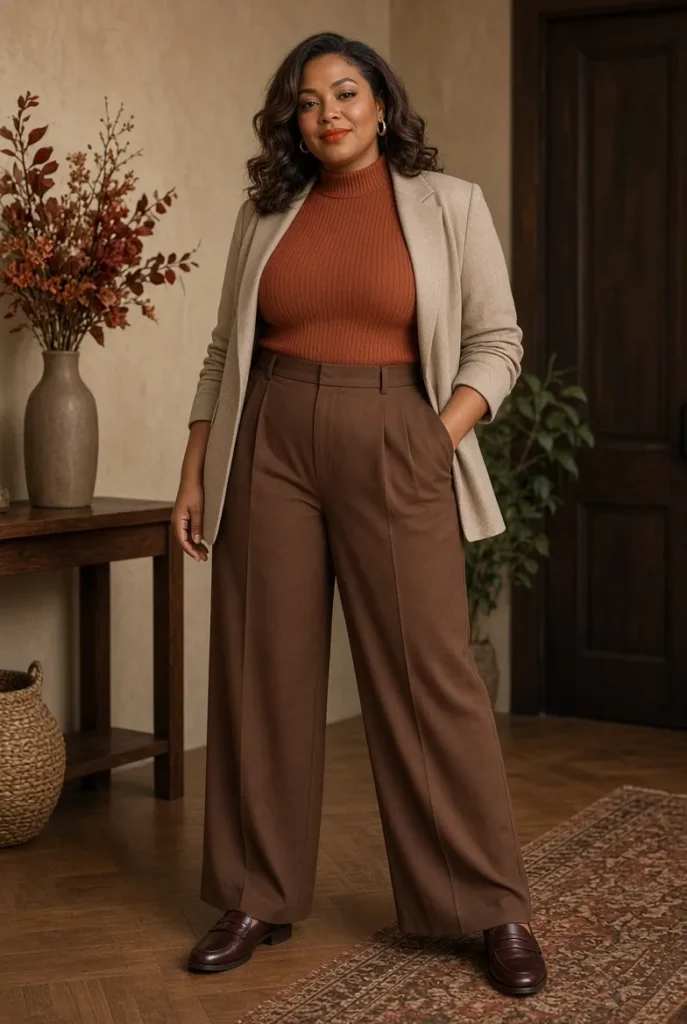 Copper Mock-Neck Top + Coffee Pleated Trousers